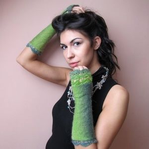 Handknit  Fingerless Long Gloves shades of green